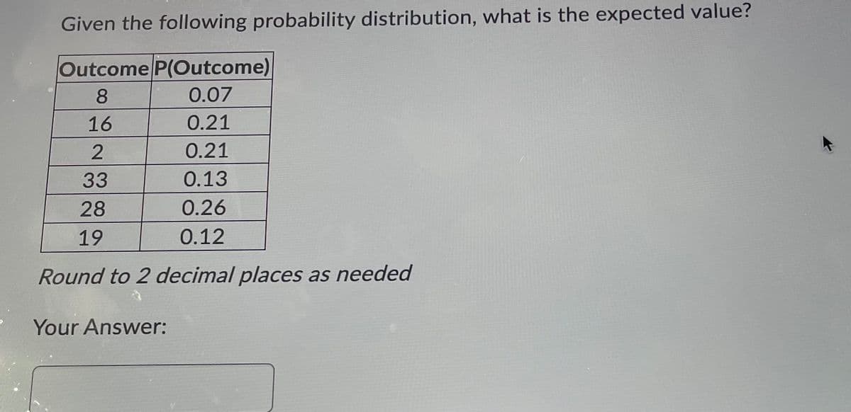 Given the following probability distribution, what is the expected value?
Outcome P(Outcome)
8.
0.07
16
0.21
0.21
33
0.13
28
0.26
19
0.12
Round to 2 decimal places as needed
Your Answer:
