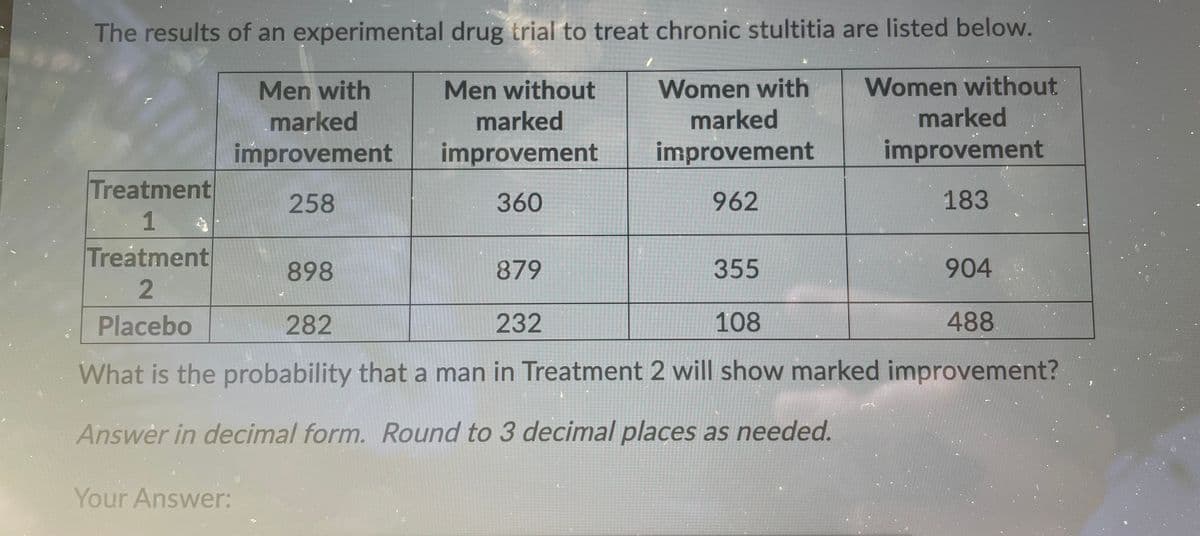 The results of an experimental drug trial to treat chronic stultitia are listed below.
Women without
Women with
marked
Men with
Men without
marked
marked
marked
improvement
improvement
improvement
improvement
Treatment
258
360
962
183
1
Treatment
898
879
355
904
2
Placebo
282
232
108
488.
What is the probability that a man in Treatment 2 will show marked improvement?
Answer in decimal form. Round to 3 decimal places as needed.
Your Answer:

