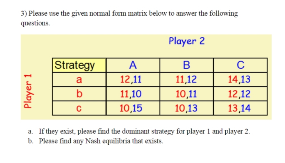 3) Please use the given normal form matrix below to answer the following
questions.
Player 2
Strategy
A
B
C
12,11
11,10
10,15
a
11,12
14,13
b
10,11
10,13
12,12
13,14
a. If they exist, please find the dominant strategy for player 1 and player 2.
b. Please find any Nash equilibria that exists.
Player 1
