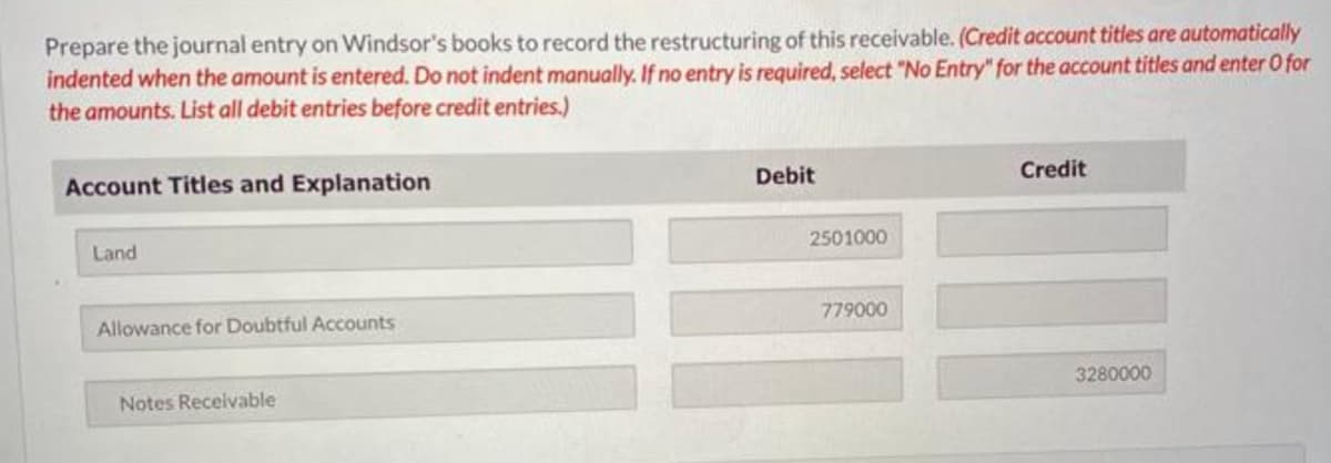 Prepare the journal entry on Windsor's books to record the restructuring of this receivable. (Credit account titles are automatically
indented when the amount is entered. Do not indent manually. If no entry is required, select "No Entry" for the account titles and enter O for
the amounts. List all debit entries before credit entries.)
Account Titles and Explanation
Land
Allowance for Doubtful Accounts
Notes Receivable
Debit
2501000
779000
Credit
3280000