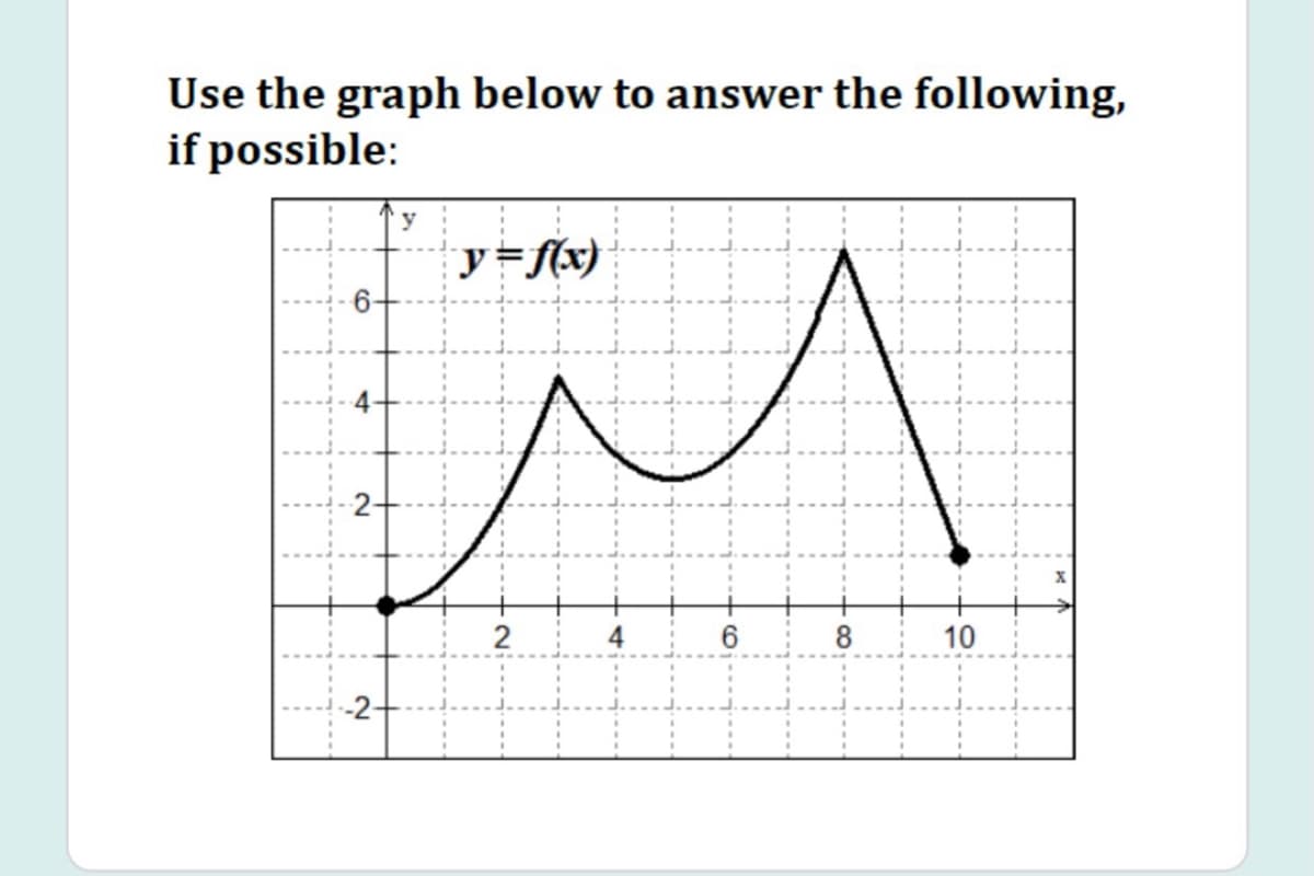 Use the graph below to answer the following,
if possible:
y=f{x)
2
10
2.
