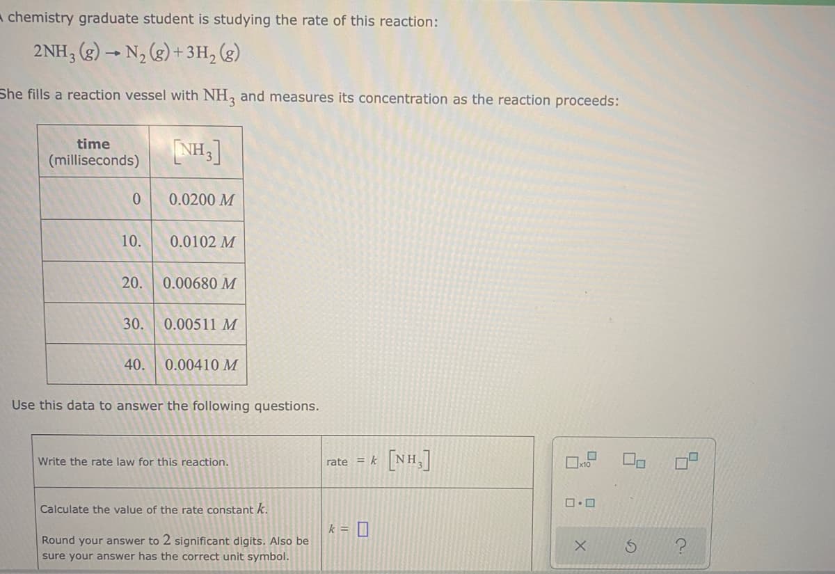 A chemistry graduate student is studying the rate of this reaction:
2NH, (g) → N, (g) + 3H, (g)
She fills a reaction vessel with NH, and measures its concentration as the reaction proceeds:
time
NH,]
(milliseconds)
0.0200 M
10.
0.0102 M
20.
0.00680 M
30.
0.00511 M
40.
0.00410 M
Use this data to answer the following questions.
Write the rate law for this reaction.
rate = k NH,
Ox10
Calculate the value of the rate constant k.
k = |
Round your answer to 2 significant digits. Also be
sure your answer has the correct unit symbol.
