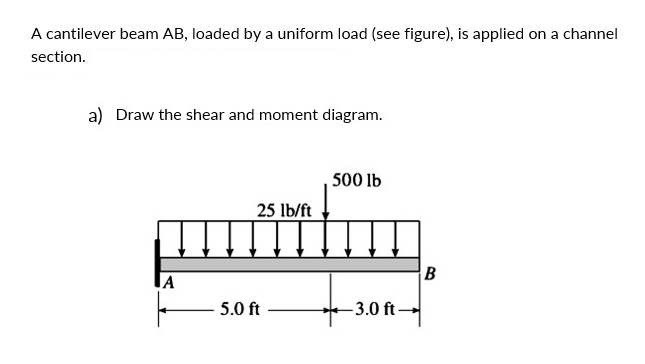 A cantilever beam AB, loaded by a uniform load (see figure), is applied on a channel
section.
a) Draw the shear and moment diagram.
500 lb
25 lb/ft
IA
B
5.0 ft
-3.0 ft
