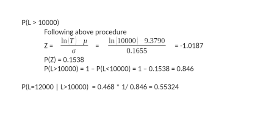 P(L > 10000)
Following above procedure
In T –u
Z =
In 10000-9.3790
= -1.0187
0.1655
P(Z) = 0.1538
P(L>10000) = 1 – P(L<10000) = 1 –- 0.1538 = 0.846
P(L=12000 | L>10000) = 0.468 * 1/ 0.846 = 0.55324
