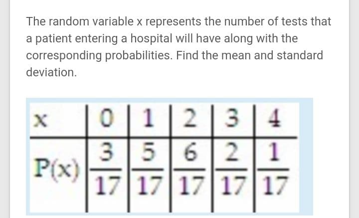 The random variable x represents the number of tests that
a patient entering a hospital will have along with the
corresponding probabilities. Find the mean and standard
deviation.
1 |
2 3
5 62
1
P(x)
17 17 |17 17|17
