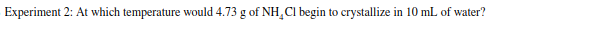 Experiment 2: At which temperature would 4.73 g of NH₂Cl begin to crystallize in 10 mL of water?