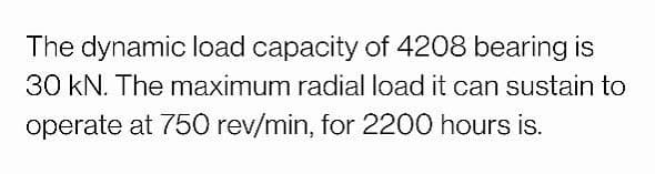 The dynamic load capacity of 4208 bearing is
30 kN. The maximum radial load it can sustain to
operate at 750 rev/min, for 2200 hours is.