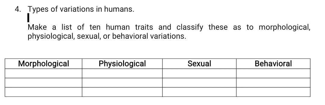 4. Types of variations in humans.
Make a list of ten human traits and classify these as to morphological,
physiological, sexual, or behavioral variations.
Morphological
Physiological
Sexual
Behavioral
