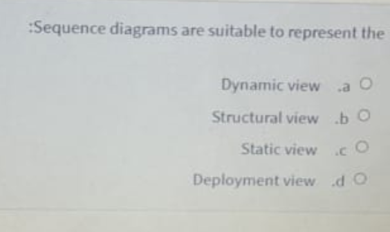:Sequence diagrams are suitable to represent the
Dynamic view
.a O
Structural view .b O
Static view c O
Deployment view d O
