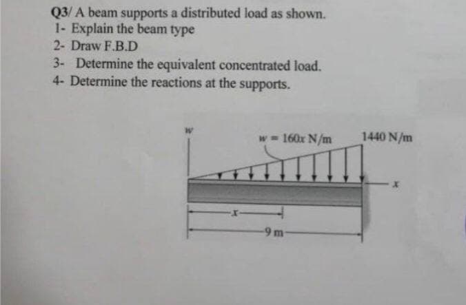Q3/ A beam supports a distributed load as shown.
1- Explain the beam type
2- Draw F.B.D
3- Determine the equivalent concentrated load.
4- Determine the reactions at the supports.
w= 160x N/m
1440 N/m
-9 m
