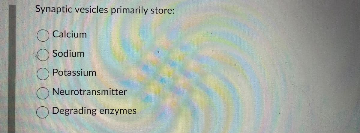 Synaptic vesicles primarily store:
Calcium
Sodium
Potassium
Neurotransmitter
Degrading enzymes
3