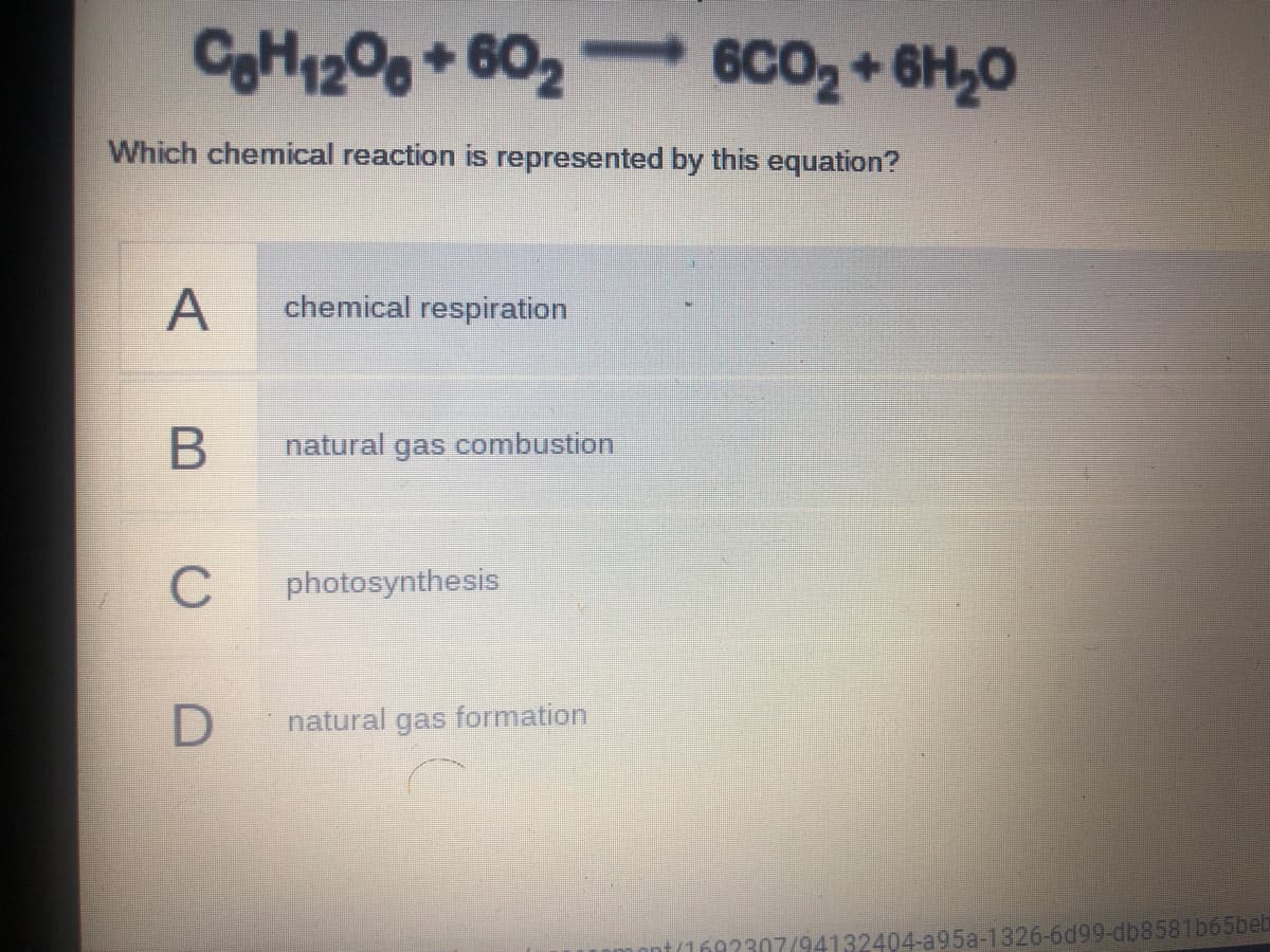 CgH120g+ 602
6CO2 +6H20
Which chemical reaction is represented by this equation?
A
chemical respiration
natural gas combustion
C
photosynthesis
natural gas formation
nt(1692307/94132404-a95a-1326-6d99-db8581b65beb
