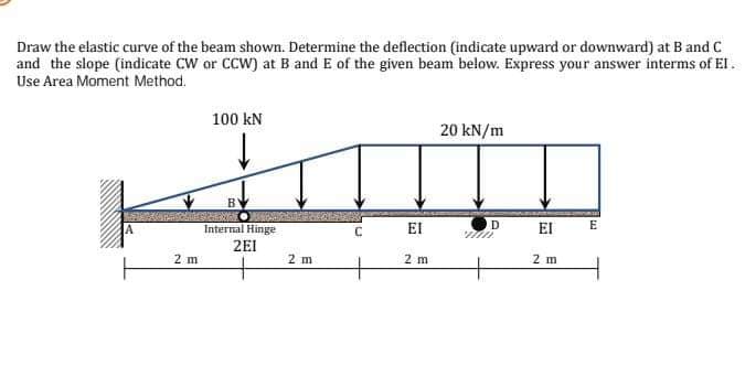 Draw the elastic curve of the beam shown. Determine the deflection (indicate upward or downward) at B and C
and the slope (indicate CW or CCW) at B and E of the given beam below. Express your answer interms of El.
Use Area Moment Method.
100 kN
20 kN/m
E
Internal Hinge
2EI
EI
EI
2 m
2 m
2 m
2 m
+
