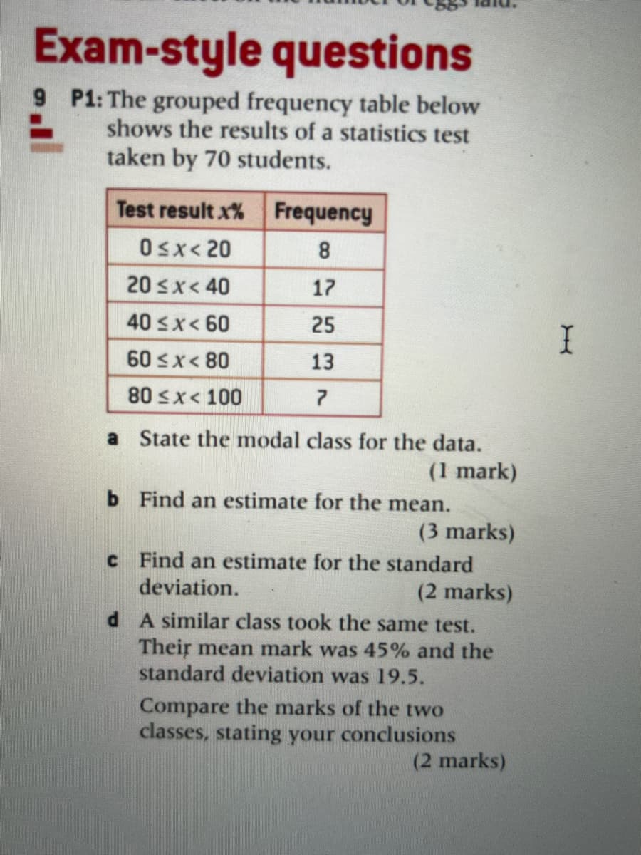 Exam-style questions
9 P1:The grouped frequency table below
shows the results of a statistics test
taken by 70 students.
Test result x% Frequency
Osx< 20
8.
20 sx< 40
17
40 sx< 60
25
60 sx< 80
13
80 sx< 100
7
a State the modal class for the data.
(1 mark)
b Find an estimate for the mean.
(3 marks)
C Find an estimate for the standard
deviation.
(2 marks)
d A similar class took the same test.
Their mean mark was 45% and the
standard deviation was 19.5.
Compare the marks of the two
classes, stating your conclusions
(2 marks)
