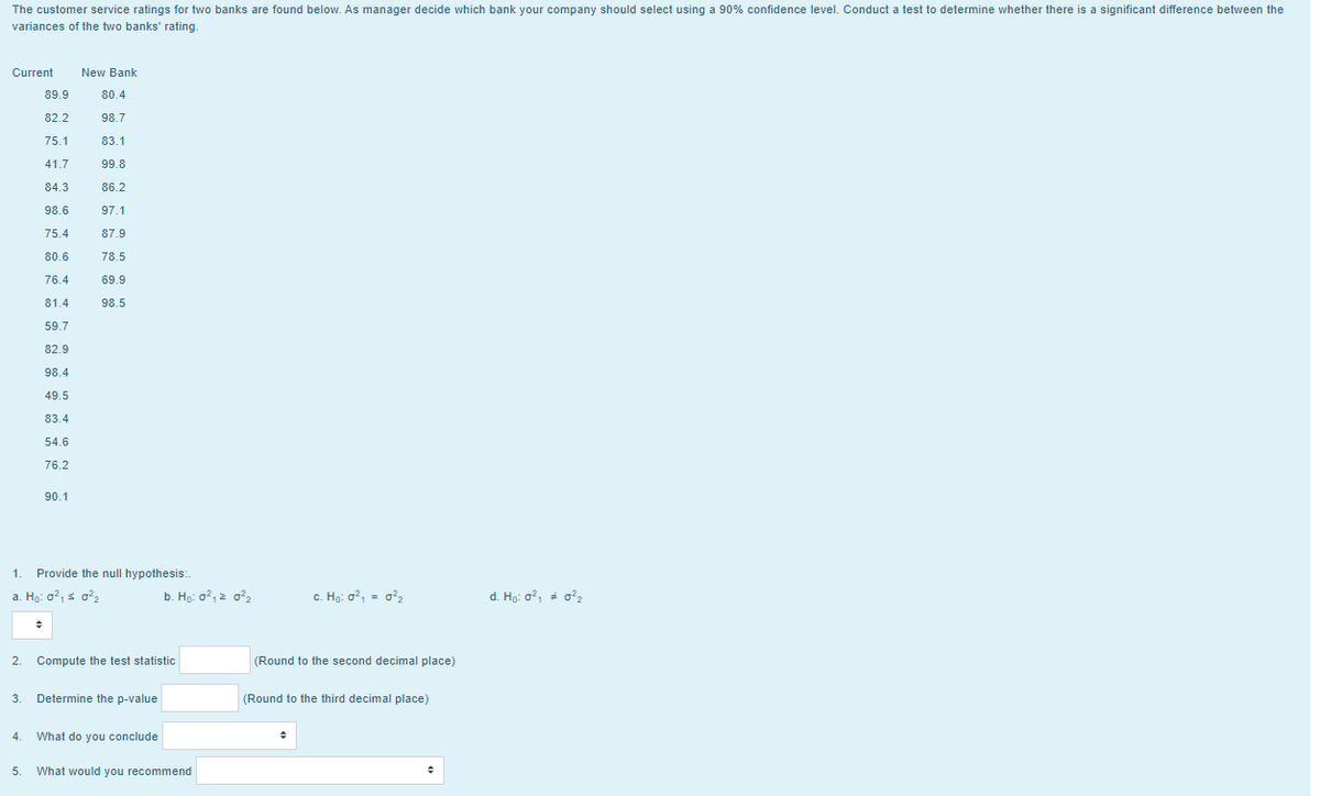 The customer service ratings for two banks are found below. As manager decide which bank your company should select using a 90% confidence level. Conduct a test to determine whether there is a significant difference between the
variances of the two banks' rating.
Current
New Bank
89.9
80.4
82.2
98.7
75.1
83.1
41.7
99.8
84.3
86.2
98.6
97.1
75.4
87.9
80.6
78.5
76.4
69.9
81.4
98.5
59.7
82.9
98.4
49.5
83.4
54.6
76.2
90.1
1. Provide the null hypothesis:.
a. Ho: o?, s o2,
b. Họ: o?, 2 o?2
c. Ho: o?, = o?2
d. Ho: o?, * o?2
2. Compute the test statistic
(Round to the second decimal place)
3.
Determine the p-value
(Round to the third decimal place)
4.
What do you conclude
5.
What would you recommend
