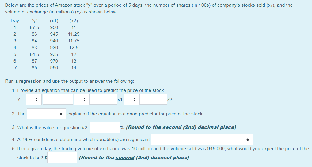 Below are the prices of Amazon stock "y" over a period of 5 days, the number of shares (in 100s) of company's stocks sold (x1), and the
volume of exchange (in millions) (x2) is shown below.
Day
"y"
(x1)
(x2)
87.5
950
11
2
86
945
11.25
3
84
940
11.75
4
83
930
12.5
84.5
935
12
6
87
970
13
7
85
960
14
Run a regression and use the output to answer the following:
1. Provide an equation that can be used to predict the price of the stock
Y =
x1
x2
2. The
+ explains if the equation is a good predictor for price of the stock
3. What is the value for question #2
% (Round to the second (2nd) decimal place)
4. At 95% confidence, determine which variable(s) are significant
5. If in a given day, the trading volume of exchange was 16 million and the volume sold was 945,000, what would you expect the price of the
stock to be? $
(Round to the second (2nd) decimal place)
