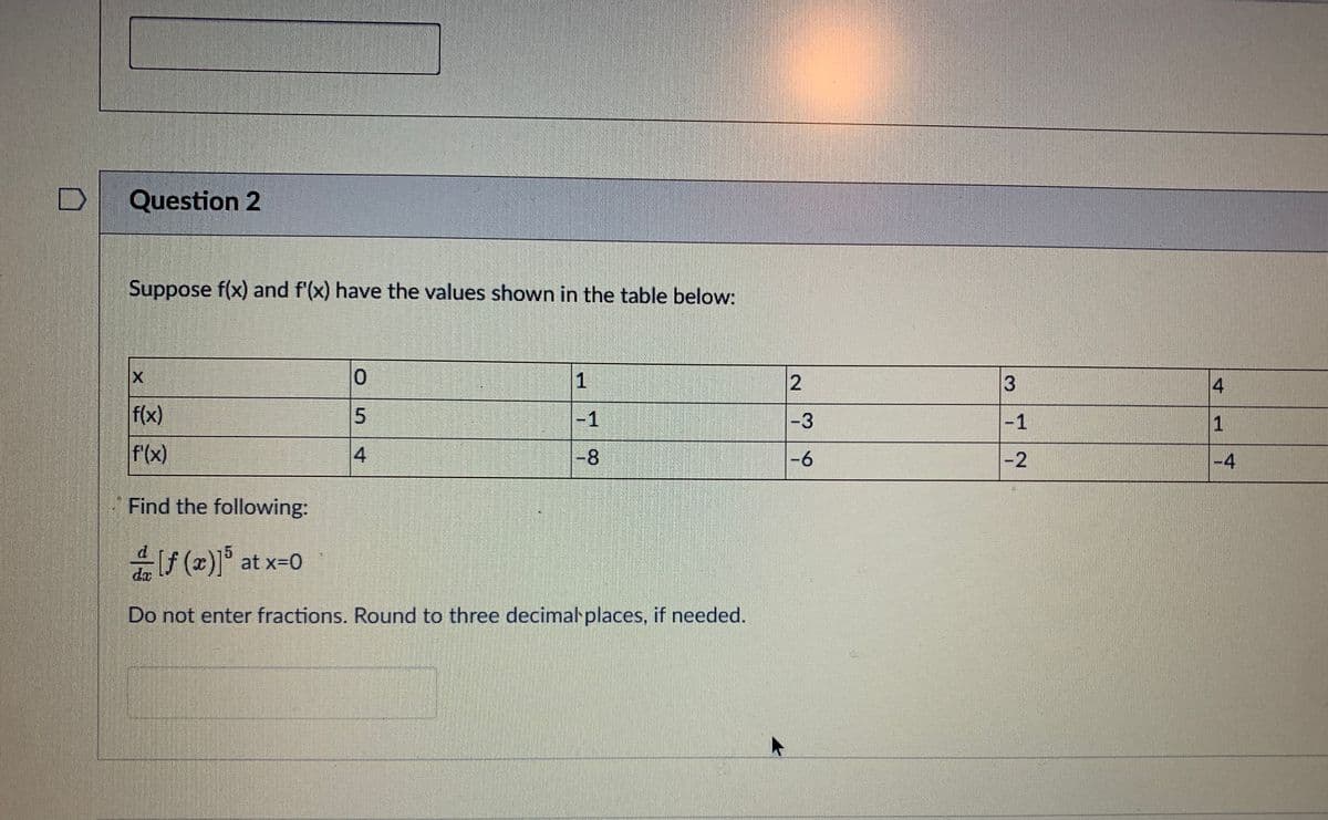 Question 2
Suppose f(x) and f'(x) have the values shown in the table below:
1.
4
f(x)
5.
-1
-3
-1
f(x)
4
-8
.
-6
-2
-4
Find the following:
f (x)]° at x=0
da
Do n
enter fractions. Round to three decimal places, if needed.
1.
2.
