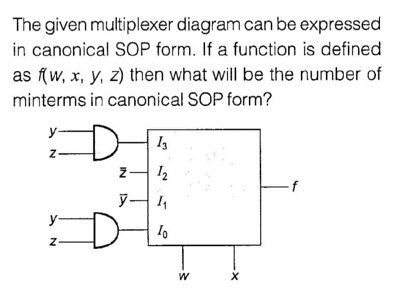 The given multiplexer diagram can be expressed
in canonical SOP form. If a function is defined
as (w, x, y, z) then what will be the number of
minterms in canonical SOP form?
y-
I3
I2
f
y-
IN
