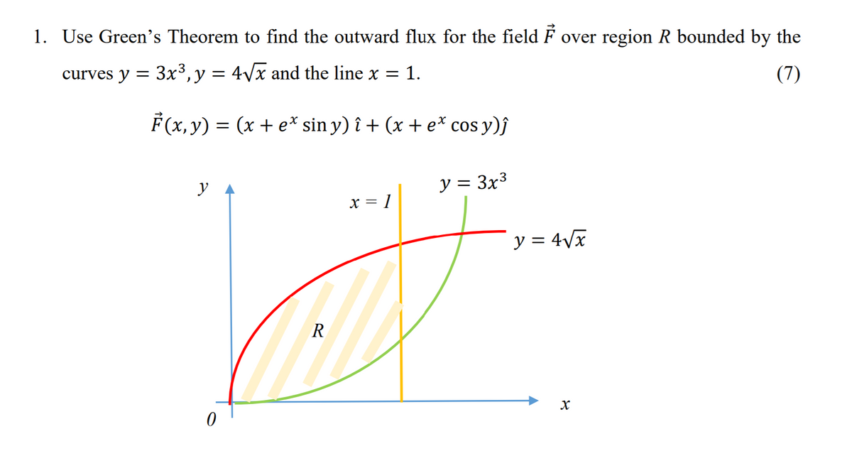 1. Use Green’s Theorem to find the outward flux for the field F over region R bounded by the
curves y = 3x³,y = 4\x and the line x = 1.
(7)
F (x, y) = (x + e* sin y) î + (x + e* cos y)ĵ
y
y = 3x³
x = 1
y = 4Vx
R
