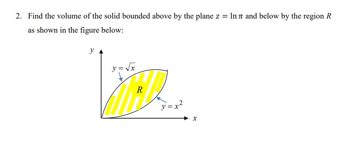 2. Find the volume of the solid bounded above by the plane z
In n and below by the region R
as shown in the figure below:
y
アミV
アミx?
