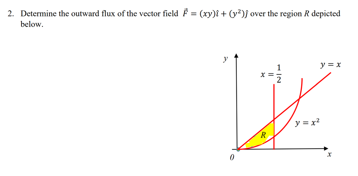 2. Determine the outward flux of the vector field F = (xy)î + (y²)ĵ over the region R depicted
below.
y
1
y = x
X =
y = x2
