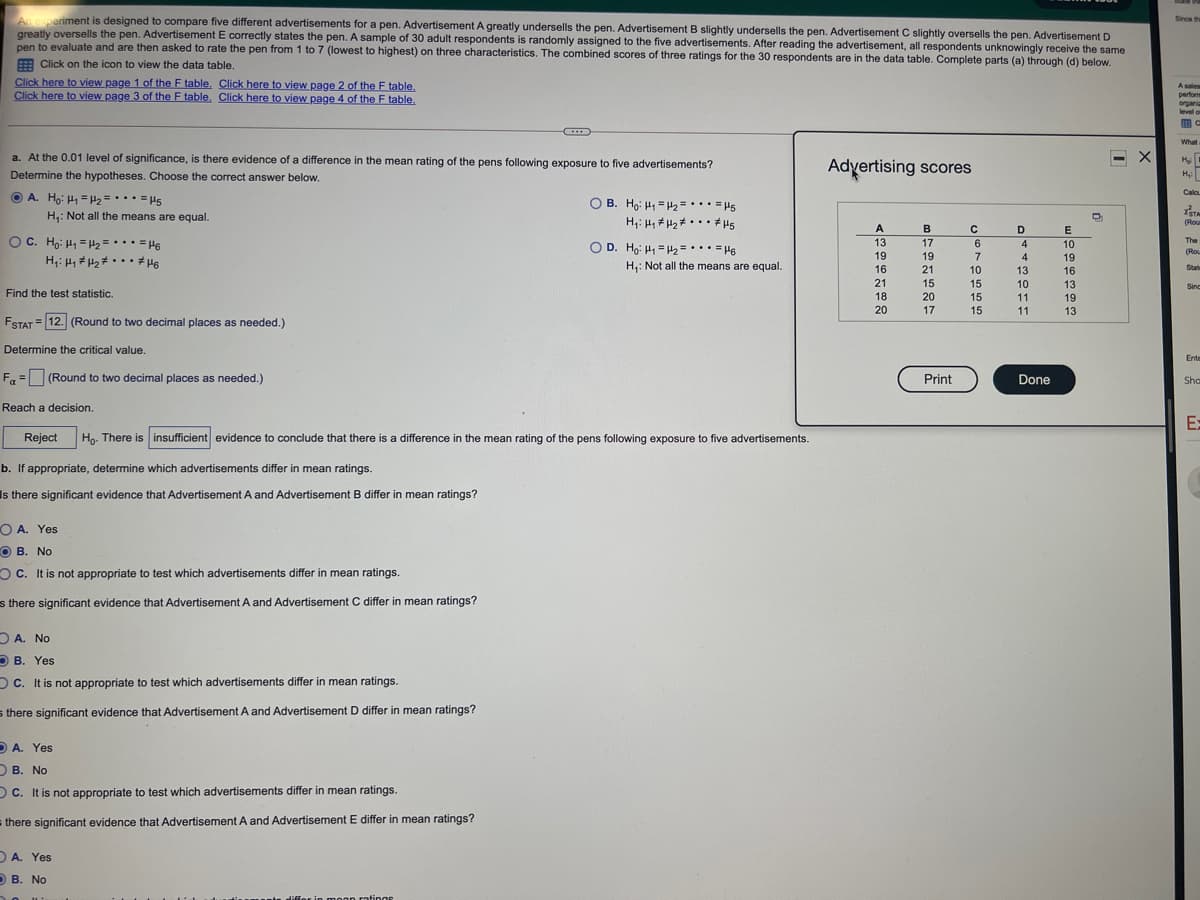 Aperiment is designed to compare five different advertisements for a pen. Advertisement A greatly undersells the pen. Advertisement B slightly undersells the pen. Advertisement C slightly oversells the pen. Advertisement D
greatly oversells the pen. Advertisement E correctly states the pen. A sample of 30 adult respondents is randomly assigned to the five advertisements. After reading the advertisement, all respondents unknowingly receive the same
pen to evaluate and are then asked to rate the pen from 1 to 7 (lowest to highest) on three characteristics. The combined scores of three ratings for the 30 respondents are in the data table. Complete parts (a) through (d) below.
Since th
E Click on the icon to view the data table.
Click here to view page 1 of the F table. Click here to view page 2 of the F table,
Click here to view page 3 of the F table, Click here to view page 4 of the F table,
A sales
perform
organia
level o
What
a. At the 0.01 level of significance, is there evidence of a difference in the mean rating of the pens following exposure to five advertisements?
Adyertising scores
Determine the hypotheses. Choose the correct answer below.
H
Calc
O A. Ho: H1 = H2 = ••• = H5
O B. Ho: H1 = H2= • · • =H5
H: Not all the means are equal.
ISTA
(Rou
...
A
D
OC. Ho: H1 = H2 =... H6
13
17
The
6.
7
4
O D. Ho: H, =H2 =... H6
10
19
(Ro
19
19
4
...
H,: Not all the means are equal.
16
21
10
13
16
Stat
21
15
15
10
13
Sinc
Find the test statistic.
18
20
15
11
19
20
17
15
11
13
FSTAT = 12. (Round to two decimal places as needed.)
Determine the critical value.
Ente
F. =(Round to two decimal places as needed.)
Print
Done
Sha
Reach a decision.
E=
Reject
Họ. There is insufficient evidence to conclude that there is a difference in the mean rating of the pens following exposure to five advertisements.
b. If appropriate, determine which advertisements differ in mean ratings.
Is there significant evidence that Advertisement A and Advertisement B differ in mean ratings?
O A. Yes
B. No
O C. It is not appropriate to test which advertisements differ in mean ratings.
s there significant evidence that Advertisement A and Advertisement C differ in mean ratings?
O A. No
O B. Yes
DC. It is not appropriate to test which advertisements differ in mean ratings.
s there significant evidence that Advertisement A and Advertisement D differ in mean ratings?
D A. Yes
В. No
) C. It is not appropriate to test which advertisements differ in mean ratings.
= there significant evidence that Advertisement A and Advertisement E differ in mean ratings?
DA. Yes
O B. No
amoan ratings
