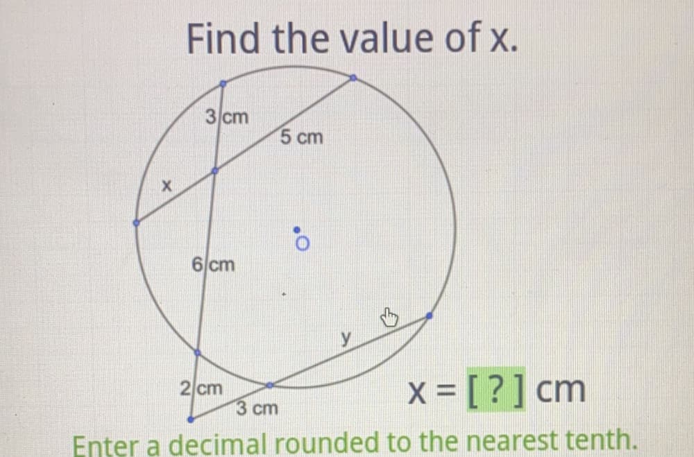 Find the value of x.
3 cm
5 cm
6 cm
2 cm
3 cm
x = [ ?] cm
Enter a decimal rounded to the nearest tenth.
