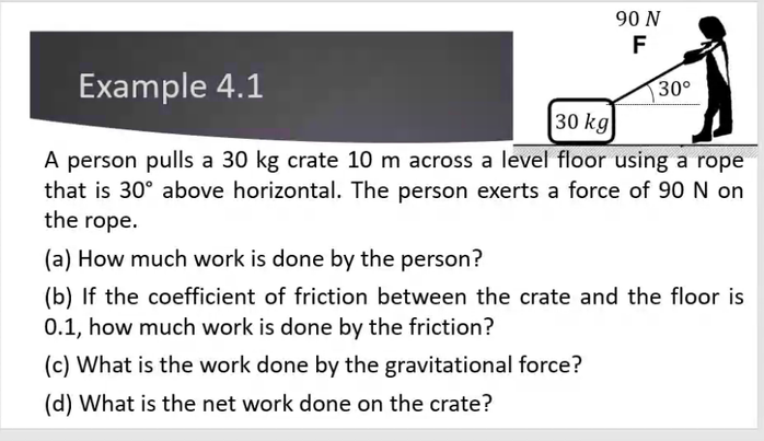 90 N
F
Example 4.1
30°
30 kg
A person pulls a 30 kg crate 10 m across a level floor using a rope
that is 30° above horizontal. The person exerts a force of 90 N on
the rope.
(a) How much work is done by the person?
(b) If the coefficient of friction between the crate and the floor is
0.1, how much work is done by the friction?
(c) What is the work done by the gravitational force?
(d) What is the net work done on the crate?
