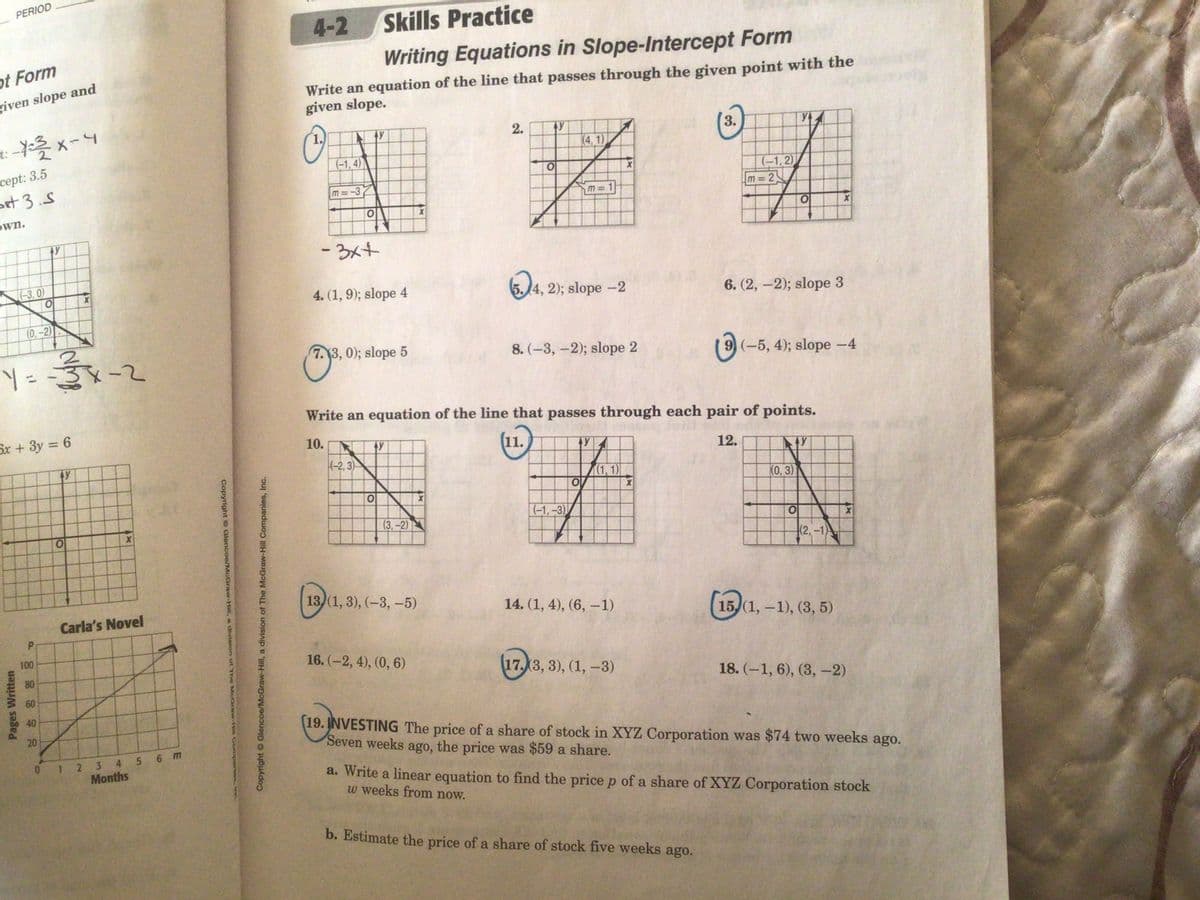 PERIOD
4-2
Skills Practice
ot Form
Writing Equations in Slope-Intercept Form
Write an equation of the line that passes through the given point with the
given slope.
given slope and
1.)
3.
y
(4, 1)
cept: 3.5
ort 3..
(-1, 4)
(-1,2)
m=2
m=-3
m=1
own.
- 3x+
(-3,0)
4. (1, 9); slope 4
5.14, 2); slope -2
6. (2, -2); slope 3
(0,-2)
7.3, 0); slope 5
8. (-3, -2); slope 2
9 (-5, 4); slope -4
Write an equation of the line that passes through each pair of points.
Sx + 3y = 6
10.
11.
12.
ty
(-2, 3)
(1, 1)
K0,3)
(-1,-3)
(3,-2)
(2,-1)
13 (1, 3), (-3, –-5)
Carla's Novel
14. (1, 4), (6, –1)
15,(1, -1), (3, 5)
100
16. (-2, 4), (0, 6)
17.3, 3), (1, -3)
80
18. (-1, 6), (3, -2)
60
40
19. INVESTING The price of a share of stock in XYZ Corporation was $74 two weeks ago.
Seven weeks ago, the price was $59 a share.
20
4.
6 m
2 3
Months
a. Write a linear equation to find the price p of a share of XYZ Corporation stock
w weeks from now.
b. Estimate the price of a share of stock five weeks ago.
2.
10
Copyright Glencoe/McGraw-Hill, a division of The McGraw-Hill Companies, Inc.
Copyright Glencoe/McGraw-Hill, a division of The McGraw-Hill Companie
5n
10
Pages Written
