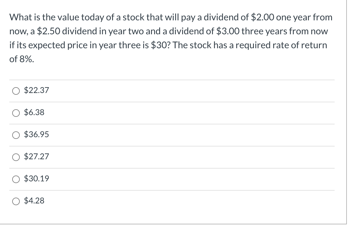 What is the value today of a stock that will pay a dividend of $2.00 one year from
now, a $2.50 dividend in year two and a dividend of $3.00 three years from now
if its expected price in year three is $30? The stock has a required rate of return
of 8%.
$22.37
O $6.38
$36.95
$27.27
$30.19
$4.28
