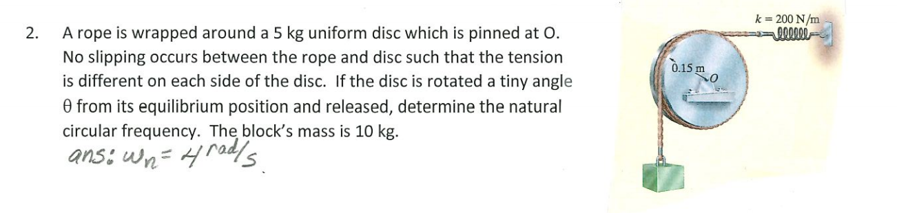 k = 200 N/m
A rope is wrapped around a 5 kg uniform disc which is pinned at O.
2.
No slipping occurs between the rope and disc such that the tension
0.15 m
is different on each side of the disc. If the disc is rotated a tiny angle
O from its equilibrium position and released, determine the natural
circular frequency. The block's mass is 10 kg.
ans: wn=4 rad's
