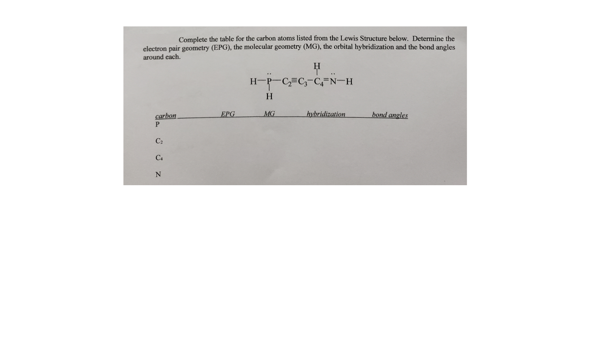 Complete the table for the carbon atoms listed from the Lewis Structure below. Determine the
electron pair geometry (EPG), the molecular geometry (MG), the orbital hybridization and the bond angles
around each.
H
P-C,3C-CEN-H
H
carbon
EPG
MG
hybridization
bond angles
C2
C4
N
