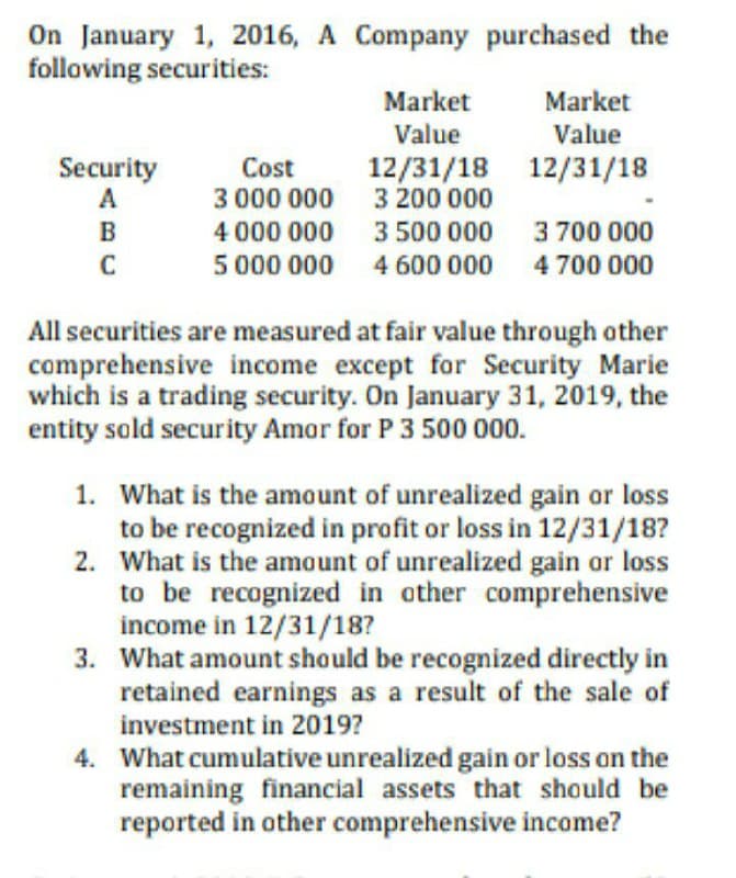 On January 1, 2016, A Company purchased the
following securities:
Market
Value
Market
Value
Security
A
Cost
3 000 000 3 200 000
12/31/18 12/31/18
B
4 000 000 3 700 000
3 500 000
C
5 000 000 4 600 000 4 700 000
All securities are measured at fair value through other
comprehensive income except for Security Marie
which is a trading security. On January 31, 2019, the
entity sold security Amor for P 3 500 000.
1. What is the amount of unrealized gain or loss
to be recognized in profit or loss in 12/31/18?
2. What is the amount of unrealized gain or loss
to be recognized in other comprehensive
income in 12/31/18?
3. What amount should be recognized directly in
retained earnings as a result of the sale of
investment in 2019?
4. What cumulative unrealized gain or loss on the
remaining financial assets that should be
reported in other comprehensive income?
