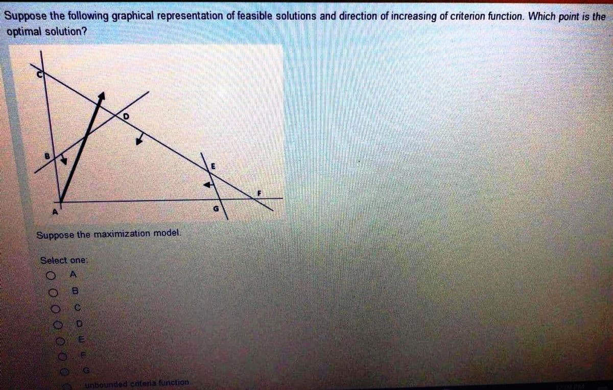 Suppose the following graphical representation of feasible solutions and direction of increasing of criterion function. Which point is the
optimal solution?
Suppose the maximization model.
Select one:
unbounded coteria function
O 0 0 0 0 O
