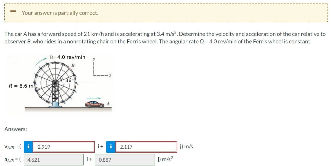 Your answer is partially correct.
The car A has a forward speed of 21 km/h and is accelerating at 3.4 m/s². Determine the velocity and acceleration of the car relative to
observer B, who rides in a nonrotating chair on the Ferris wheel. The angular rate Q2 = 4.0 rev/min of the Ferris wheel is constant.
R= 8.6 m
Answers:
VA/B = (
aA/B = (
i
22 4.0 rev/min
B
2.919
4.621
36°
y
i+ i
i+ 0.887
2.117
j) m/s²
j) m/s