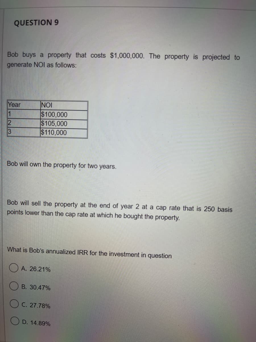 QUESTION 9
Bob buys a property that costs $1,000,000. The property is projected to
generate NOI as follows:
Year
NOI
$100,000
1
2
$105,000
3
$110,000
Bob will own the property for two years.
Bob will sell the property at the end of year 2 at a cap rate that is 250 basis
points lower than the cap rate at which he bought the property.
What is Bob's annualized IRR for the investment in question
A. 26.21%
B. 30.47%
C. 27.78%
D. 14.89%
