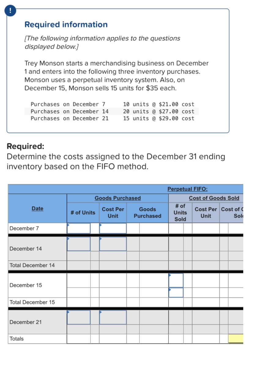 Required information
[The following information applies to the questions
displayed below.]
Trey Monson starts a merchandising business on December
1 and enters into the following three inventory purchases.
Monson uses a perpetual inventory system. Also, on
December 15, Monson sells 15 units for $35 each.
Purchases on December 7
10 units @ $21.00 cost
20 units @ $27.00 cost
15 units @ $29.00 cost
Purchases on December 14
Purchases on December 21
Required:
Determine the costs assigned to the December 31 ending
inventory based on the FIFO method.
Perpetual FIFO:
Cost of Goods Sold
# of
Goods Purchased
Date
Cost Per
Goods
Cost Per Cost of (
# of Units
Units
Unit
Purchased
Unit
Sol
Sold
December 7
December 14
Total December 14
December 15
Total December 15
December 21
Totals
