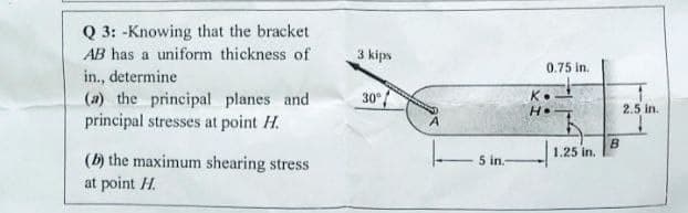 Q 3: -Knowing that the bracket
AB has a uniform thickness of
in., determine
(a) the principal planes and
principal stresses at point H.
(b) the maximum shearing stress
at point H.
3 kips
30°
51
5 in.
0.75 in.
K.
H®
1.25 in.)
B
2.5 in.