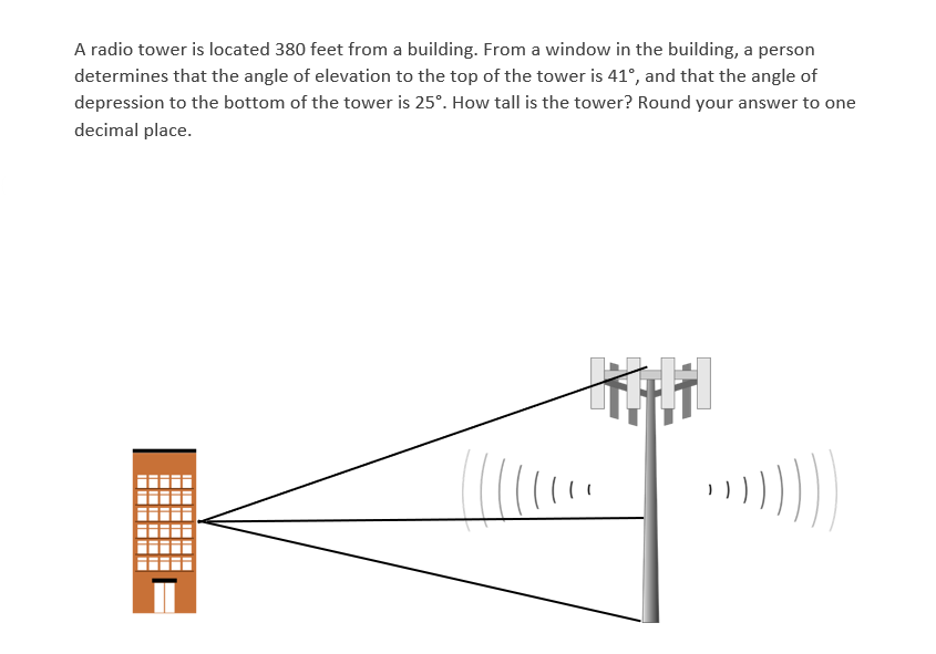 A radio tower is located 380 feet from a building. From a window in the building, a person
determines that the angle of elevation to the top of the tower is 41°, and that the angle of
depression to the bottom of the tower is 25°. How tall is the tower? Round your answer to one
decimal place.
