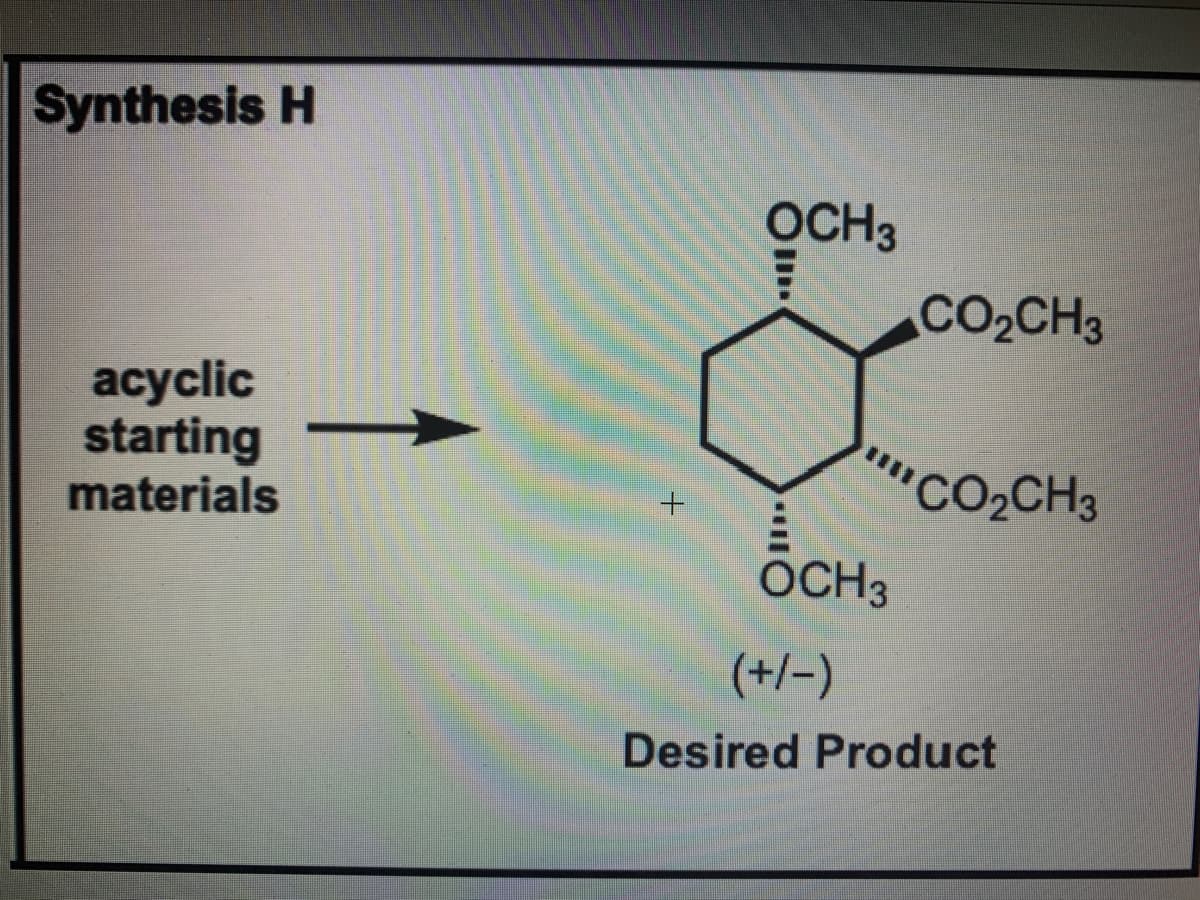 Synthesis H
OCH3
CO2CH3
acyclic
starting
materials
"CO2CH3
+.
OCH3
(+/-)
Desired Product
