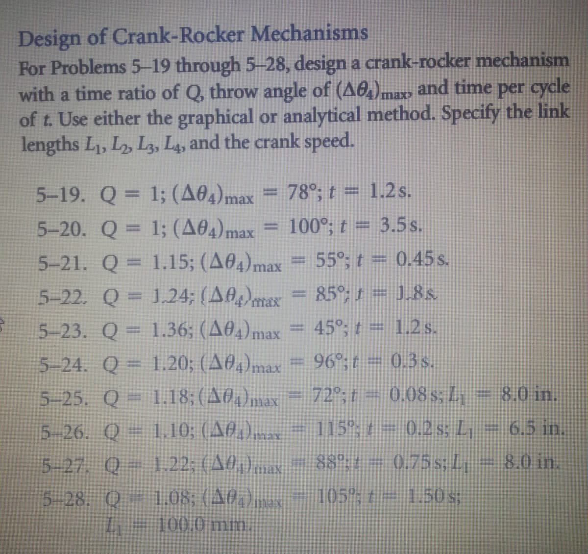 Design of Crank-Rocker Mechanisms
For Problems 5-19 through 5-28, design a crank-rocker mechanism
with a time ratio of Q, throw angle of (A6,)maxo and time per cycle
of t. Use either the graphical or analytical method. Specify the link
lengths L1, L2, L3, L4, and the crank speed.
5-19. Q = 1; (A04)max
78°; t = 1.2 s.
5-20. Q = 1; (A84)max
= 100°; t = 3.5 s.
%3D
5-21. Q = 1.15; (A04)max
5-22. Q = 1.24; (AA)max
5-23. Q = 1.36; (A04)max
55°; t = 0.45 s.
= 85°; t = J.8s.
45°; t = 1.2 s.
%3D
5-24. Q = 1.20; (A0,)max
96°; t = 0.3s.
5-25. Q= 1.18;(A04)max
= 72°; t = 0.08 s; L = 8.0 in.
%3D
5-26. Q = 1.10; (A0,)ay = 115°; t = 0.2 s; L = 6,5 in.
5-27. Q = 1.22; (A0,). = 88: 0.75 s; L = 8.0 in.
%3D
5-28. Q = 1.08; (A0,) = 105: r = 1.50s;
100.0 mm.
105°; t 1.50s;
