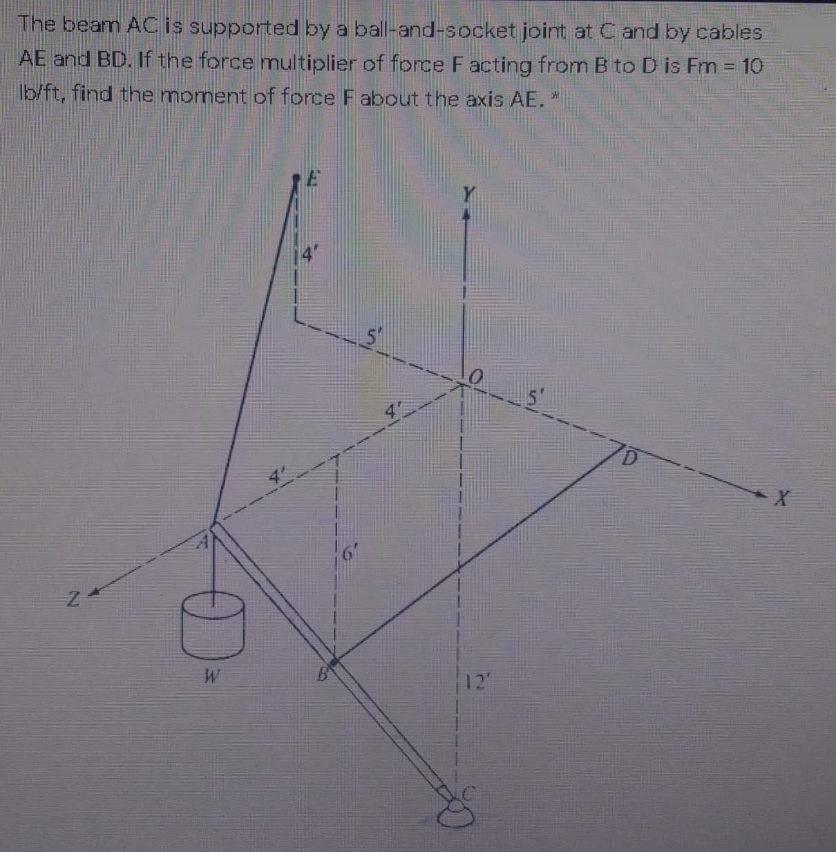 AE and BD. If the force multiplier of force Facting from B to D is Fm = 10
b/ft, find the moment of force Fabout the axis AE. *
