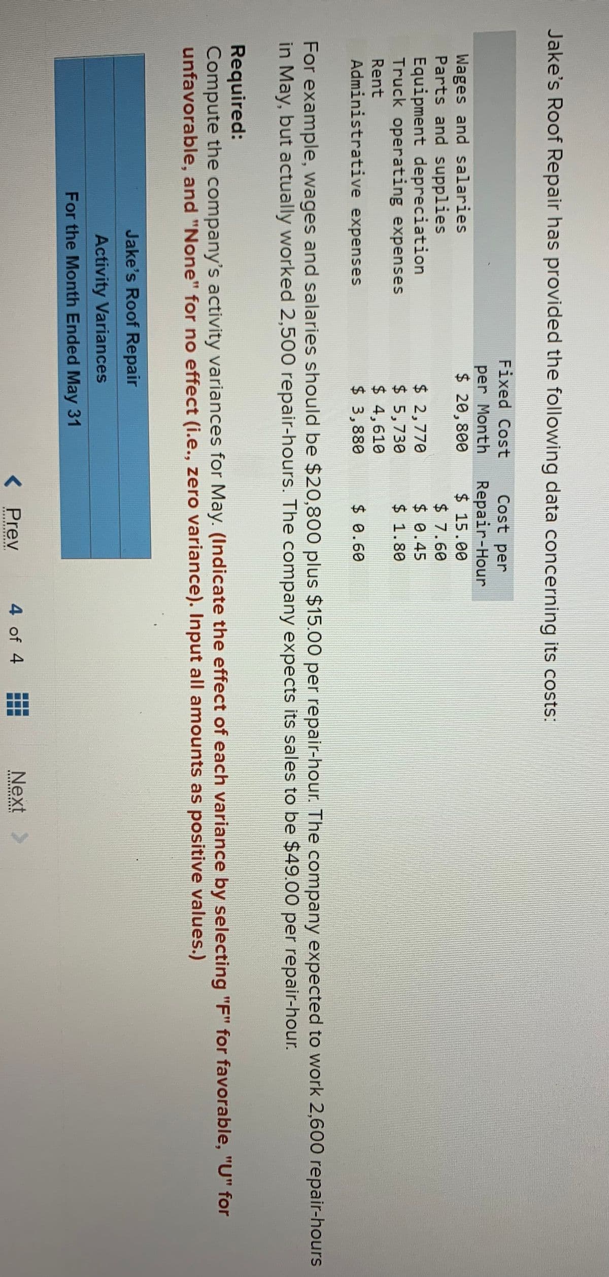 Jake's Roof Repair has provided the following data concerning its costs:
Fixed Cost
Cost per
per Month
$ 20,800
Wages and salaries
Parts and supplies
Equipment depreciation
Truck operating expenses
Repair-Hour
$ 15.00
$ 7.60
$ 0.45
$ 1.80
$ 2,770
$ 5,730
$ 4,610
$ 3,880
Rent
Administrative expenses
$ 0.60
For example, wages and salaries should be $20,800 plus $15.00 per repair-hour. The company expected to work 2,600 repair-hours
in May, but actually worked 2,500 repair-hours. The company expects its sales to be $49.00 per repair-hour.
Required:
Compute the company's activity variances for May. (Indicate the effect of each variance by selecting "F" for favorable, "U" for
unfavorable, and "None" for no effect (i.e., zero variance). Input all amounts as positive values.)
Jake's Roof Repair
Activity Variances
For the Month Ended May 31
< Prev
4 of 4
Next
...... .....

