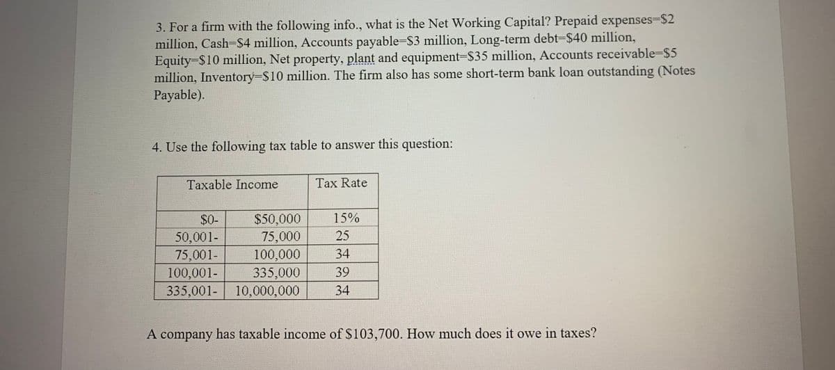 3. For a firm with the following info., what is the Net Working Capital? Prepaid expenses-$2
million, Cash-$4 million, Accounts payable=$3 million, Long-term debt-$40 million,
Equity-$10 million, Net property, plant and equipment-$35 million, Accounts receivable-$5
million, Inventory-$10 million. The firm also has some short-term bank loan outstanding (Notes
Payable).
4. Use the following tax table to answer this question:
Taxable Income
$50,000
75,000
100,000
335,000
$0-
50,001-
75,001-
100,001-
335,001- 10,000,000
Tax Rate
15%
25
34
39
34
A company has taxable income of $103,700. How much does it owe in taxes?