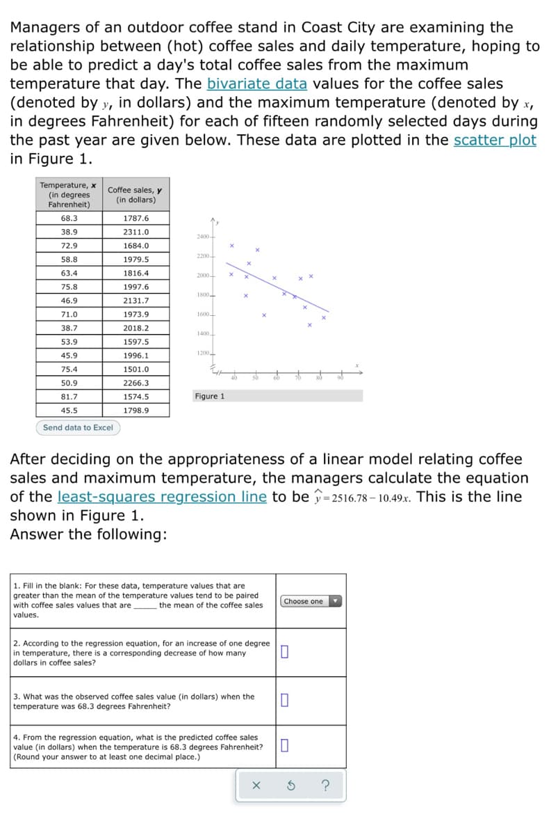 Managers of an outdoor coffee stand in Coast City are examining the
relationship between (hot) coffee sales and daily temperature, hoping to
be able to predict a day's total coffee sales from the maximum
temperature that day. The bivariate data values for the coffee sales
(denoted by y, in dollars) and the maximum temperature (denoted by x,
in degrees Fahrenheit) for each of fifteen randomly selected days during
the past year are given below. These data are plotted in the scatter plot
in Figure 1.
Temperature, x
(in degrees
Fahrenheit)
Coffee sales, y
(in dollars)
68.3
1787.6
38.9
2311.0
2400
72.9
1684.0
2200
58.8
1979.5
63.4
1816.4
2000-
75.8
1997.6
1800
46.9
2131.7
71.0
1973.9
1600.
38.7
2018.2
1400.
53.9
1597.5
1200
45.9
1996.1
75.4
1501.0
50.9
2266.3
81.7
1574.5
Figure 1
45.5
1798.9
Send data to Excel
After deciding on the appropriateness of a linear model relating coffee
sales and maximum temperature, the managers calculate the equation
of the least-squares regression line to be î=2516.78 – 10.49x. This is the line
shown in Figure 1.
Answer the following:
1. Fill in the blank: For these data, temperature values that are
greater than the mean of the temperature values tend to be paired
with coffee sales values that are
values.
Choose one
the mean of the coffee sales
f one degree
2. According to the regression equation, for an increase
in temperature, there is a corresponding decrease of how many
dollars in coffee sales?
3. What was the observed coffee sales value (in dollars) when the
temperature was 68.3 degrees Fahrenheit?
4. From the regression equation, what is the predicted coffee sales
value (in dollars) when the temperature is 68.3 degrees Fahrenheit?
(Round your answer to at least one decimal place.)
?
