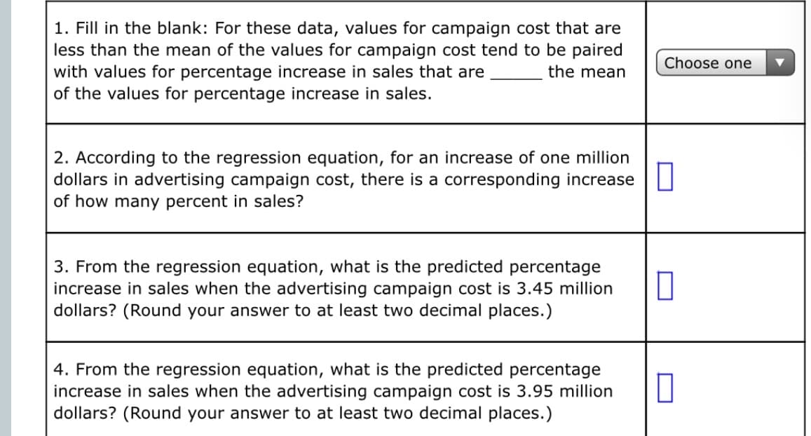1. Fill in the blank: For these data, values for campaign cost that are
less than the mean of the values for campaign cost tend to be paired
with values for percentage increase in sales that are
of the values for percentage increase in sales.
Choose one
the mean
2. According to the regression equation, for an increase of one million
dollars in advertising campaign cost, there is a corresponding increase
of how many percent in sales?
3. From the regression equation, what is the predicted percentage
increase in sales when the advertising campaign cost is 3.45 million
dollars? (Round your answer to at least two decimal places.)
4. From the regression equation, what is the predicted percentage
increase in sales when the advertising campaign cost is 3.95 million
dollars? (Round your answer to at least two decimal places.)

