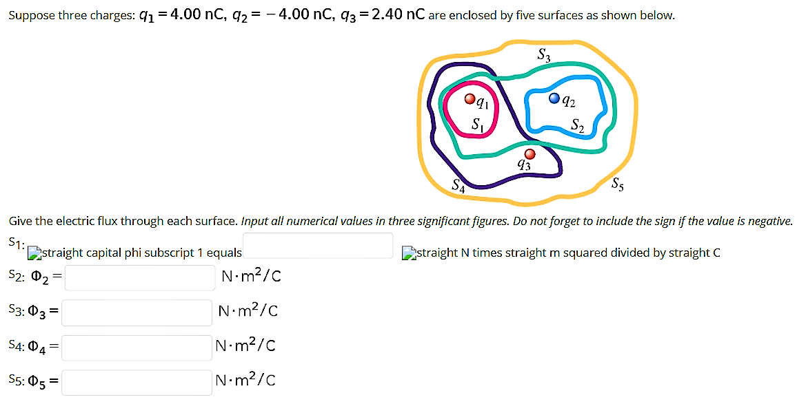 Suppose three charges: q1 = 4.00 nC, q2 = - 4.00 nC, q3 = 2.40 nC are enclosed by five surfaces as shown below.
S3
Oq2
S2
43
S5
Give the electric flux through each surface. Input all numerical values in three significant figures. Do not forget to include the sign if the value is negative.
S1:
Estraight capital phi subscript 1 equals
Dstraight N times straight m squared divided by straight C
S2: Ф2 —
N-m?/c
N•m?/c
S3: 03 =
S4: 04
N•m2/C
N•m?/c
S5: Ф5 3
