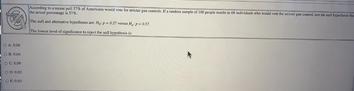 E
mw
According to a recent poll 57% of Americans would vote for stricter gun controls. If a random sample of 100 people results in 68 individuals who would vote for stricter gun control, test the null hypothesis tha
the actual percentage is 57%.
As
The null and alternative hypotheses are: Ho: p = 0.57 versus Ha: p > 0.57.
The lowest level of significance to reject the null hypothesis is:
OA: 0.06
OB: 0.04
OC: 0.09
OD: 0.02
OE: 0.03