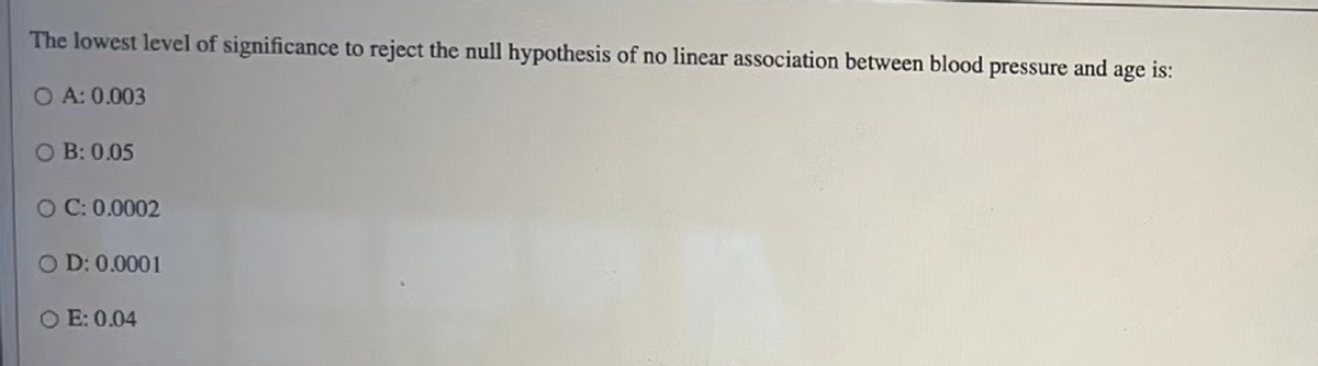 The lowest level of significance to reject the null hypothesis of no linear association between blood pressure and age is:
OA: 0.003
OB: 0.05
OC: 0.0002
OD: 0.0001
OE: 0.04