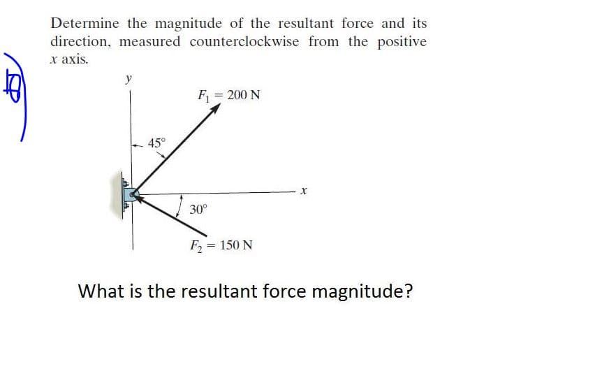 Determine the magnitude of the resultant force and its
direction, measured counterclockwise from the positive
x axis,
y
F = 200 N
45°
30°
F2 = 150 N
What is the resultant force magnitude?
